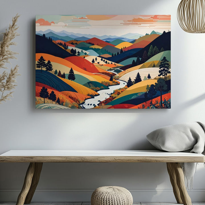 Whimsical Autumn Hills Canvas – Colorful Japanese Nature-Inspired Wall Art - Gifitto
