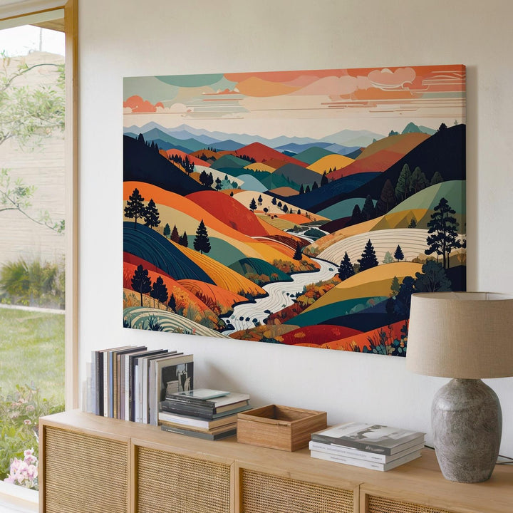 Whimsical Autumn Hills Canvas – Colorful Japanese Nature-Inspired Wall Art - Gifitto