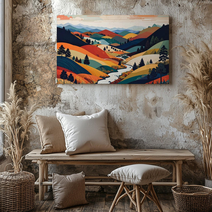 Whimsical Autumn Hills Canvas – Colorful Japanese Nature-Inspired Wall Art - Gifitto