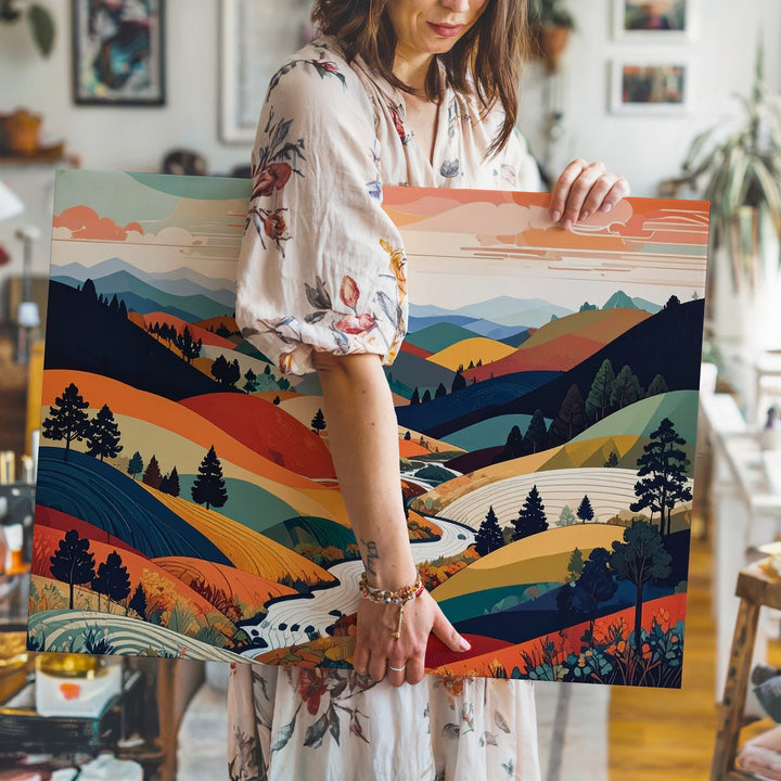 Whimsical Autumn Hills Canvas – Colorful Japanese Nature-Inspired Wall Art - Gifitto
