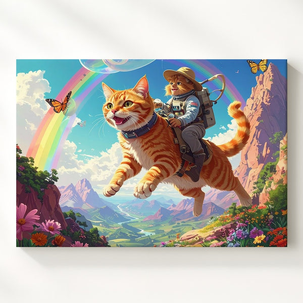 Whimsical Space Adventure Canvas – Astronaut Riding Giant Orange Cat - Gifitto