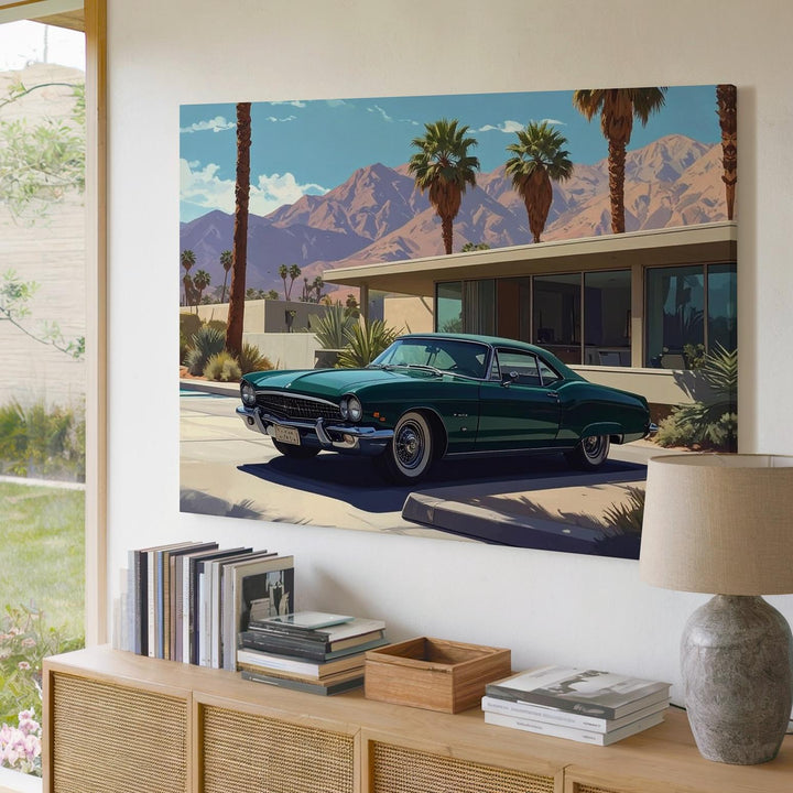 Vintage Porsche & Desert Home Canvas – Cinematic Mid-Century Oasis Wall Art - Gifitto