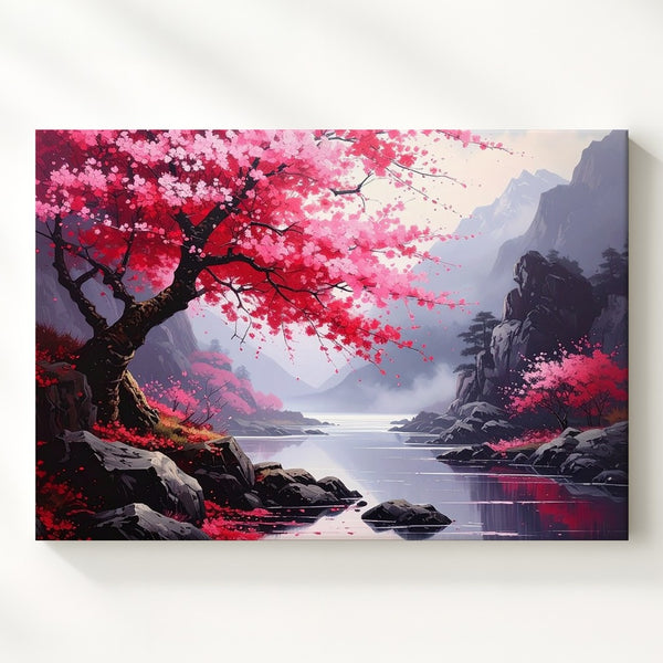 Cherry Blossom River Canvas – Romantic Landscape Wall Art with Misty Cliffs - Gifitto