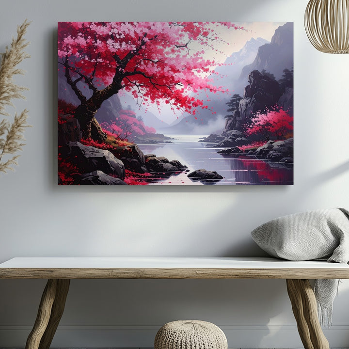 Cherry Blossom River Canvas – Romantic Landscape Wall Art with Misty Cliffs - Gifitto