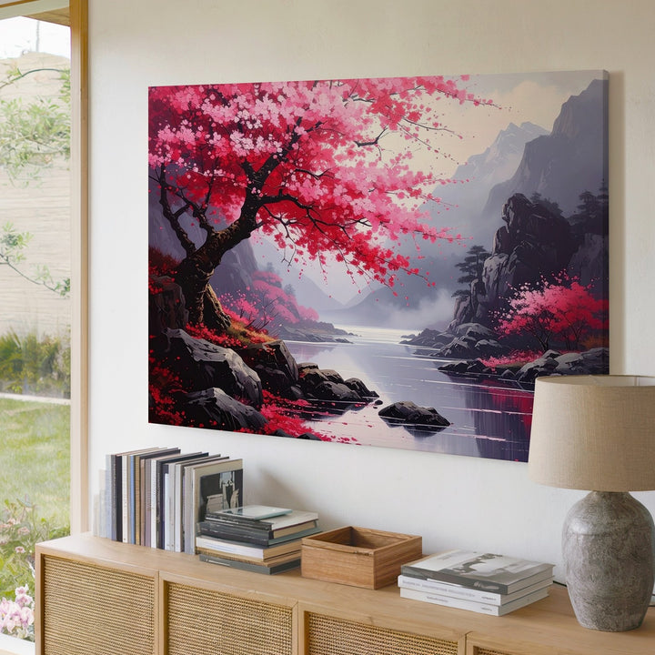 Cherry Blossom River Canvas – Romantic Landscape Wall Art with Misty Cliffs - Gifitto