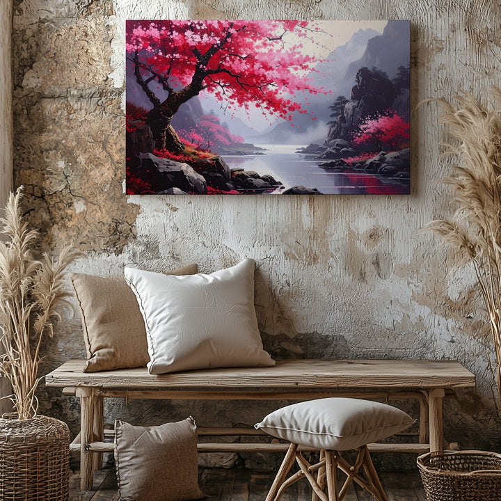 Cherry Blossom River Canvas – Romantic Landscape Wall Art with Misty Cliffs - Gifitto