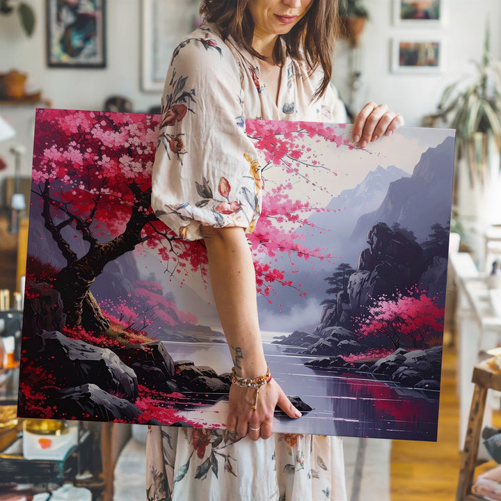 Cherry Blossom River Canvas – Romantic Landscape Wall Art with Misty Cliffs - Gifitto