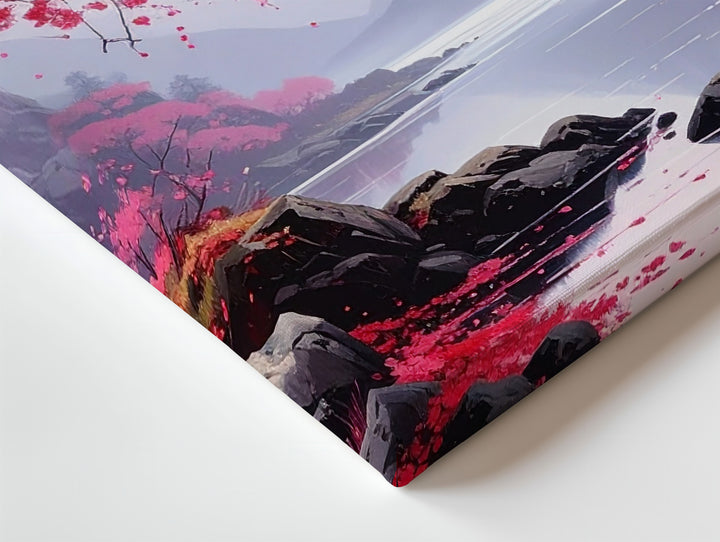 Cherry Blossom River Canvas – Romantic Landscape Wall Art with Misty Cliffs - Gifitto