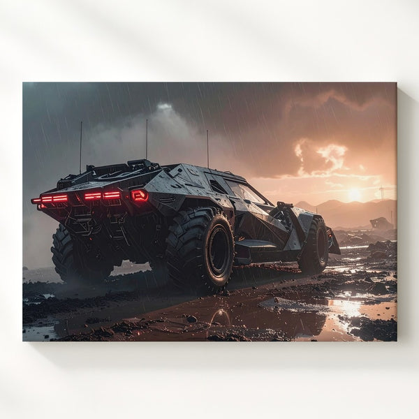 Apocalyptic Batmobile-Style Canvas – Armored Vehicle in Dystopian Rain Scene - Gifitto