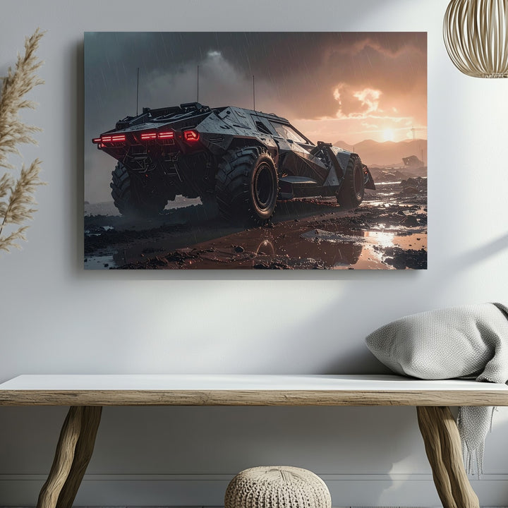Apocalyptic Batmobile-Style Canvas – Armored Vehicle in Dystopian Rain Scene - Gifitto