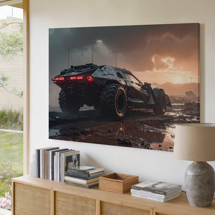 Apocalyptic Batmobile-Style Canvas – Armored Vehicle in Dystopian Rain Scene - Gifitto