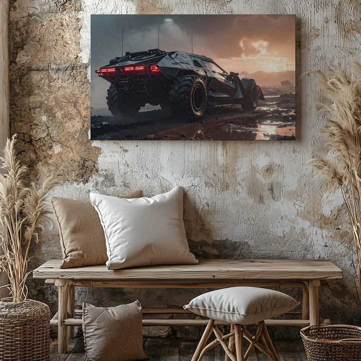Apocalyptic Batmobile-Style Canvas – Armored Vehicle in Dystopian Rain Scene - Gifitto