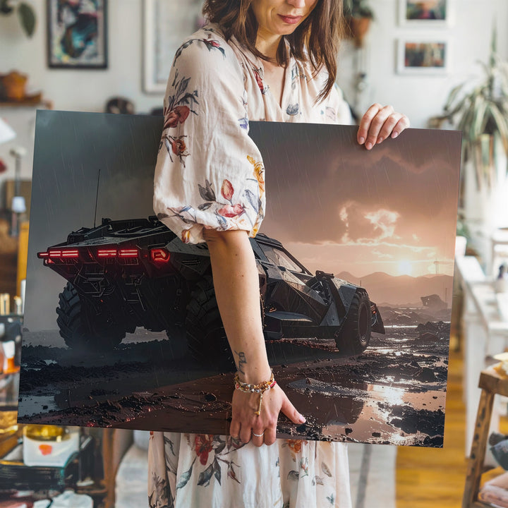 Apocalyptic Batmobile-Style Canvas – Armored Vehicle in Dystopian Rain Scene - Gifitto