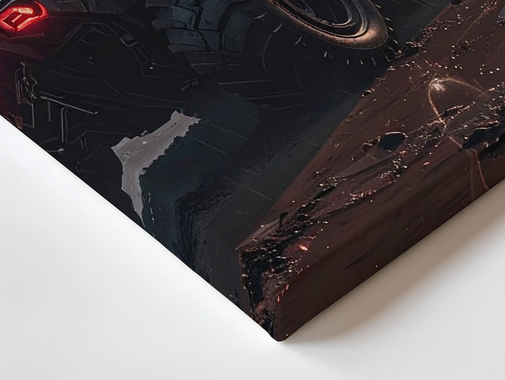 Apocalyptic Batmobile-Style Canvas – Armored Vehicle in Dystopian Rain Scene - Gifitto