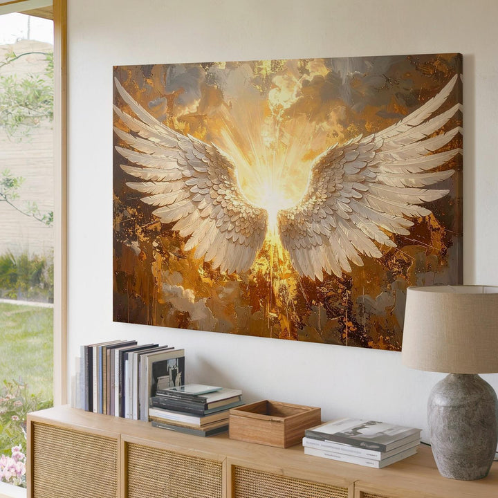 Celestial Angel Wings Canvas – Golden Divine Wall Art - Gifitto