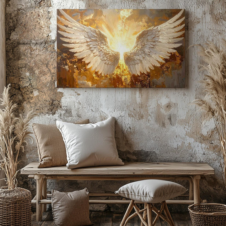Celestial Angel Wings Canvas – Golden Divine Wall Art - Gifitto