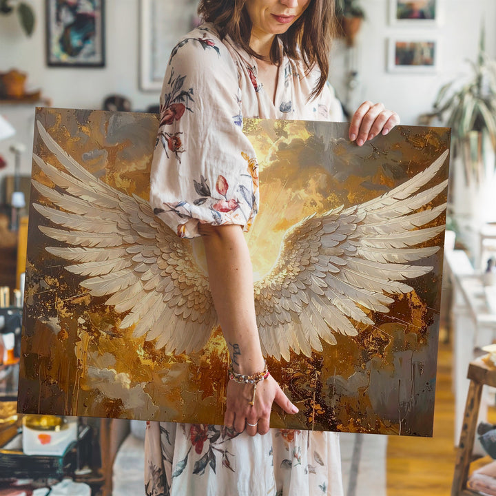 Celestial Angel Wings Canvas – Golden Divine Wall Art - Gifitto