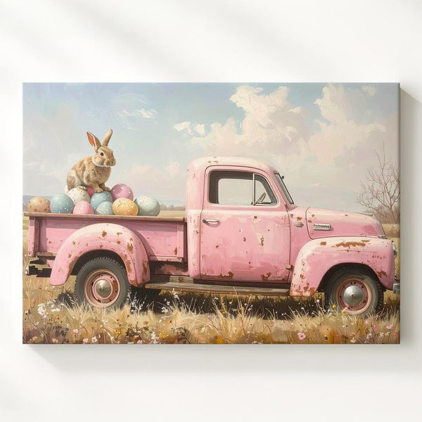 Rustic Rabbit in Pickup Truck Canvas – Vintage Spring Wall Art - Gifitto