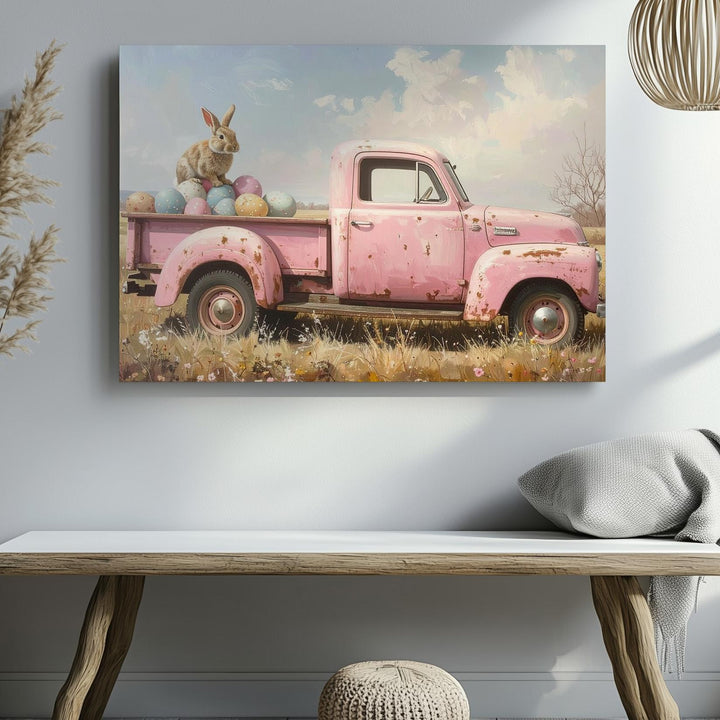 Rustic Rabbit in Pickup Truck Canvas – Vintage Spring Wall Art - Gifitto