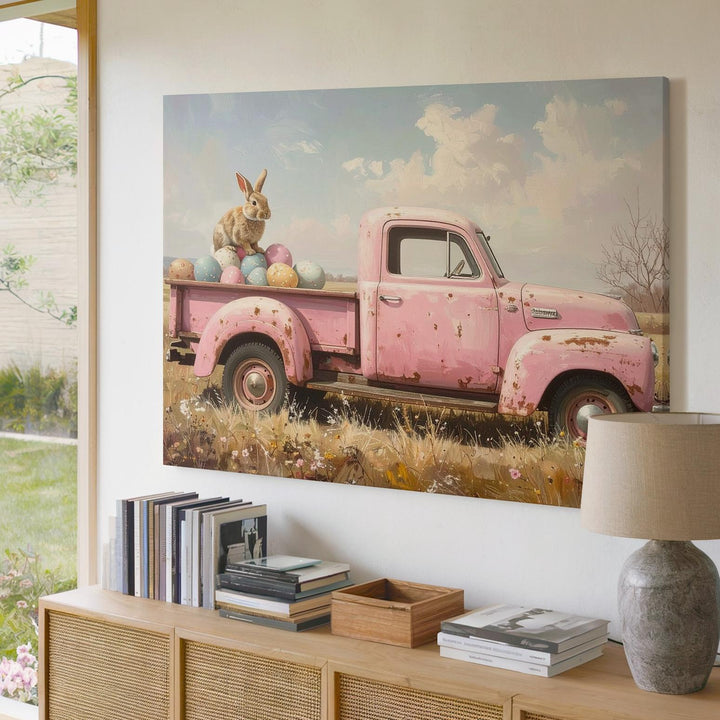 Rustic Rabbit in Pickup Truck Canvas – Vintage Spring Wall Art - Gifitto