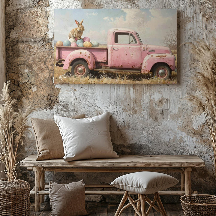 Rustic Rabbit in Pickup Truck Canvas – Vintage Spring Wall Art - Gifitto