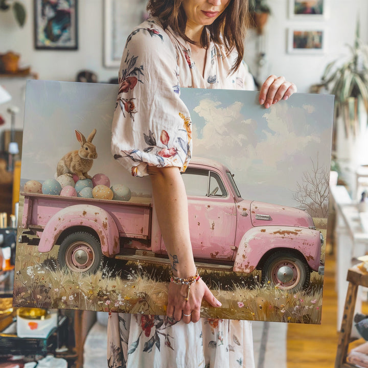 Rustic Rabbit in Pickup Truck Canvas – Vintage Spring Wall Art - Gifitto