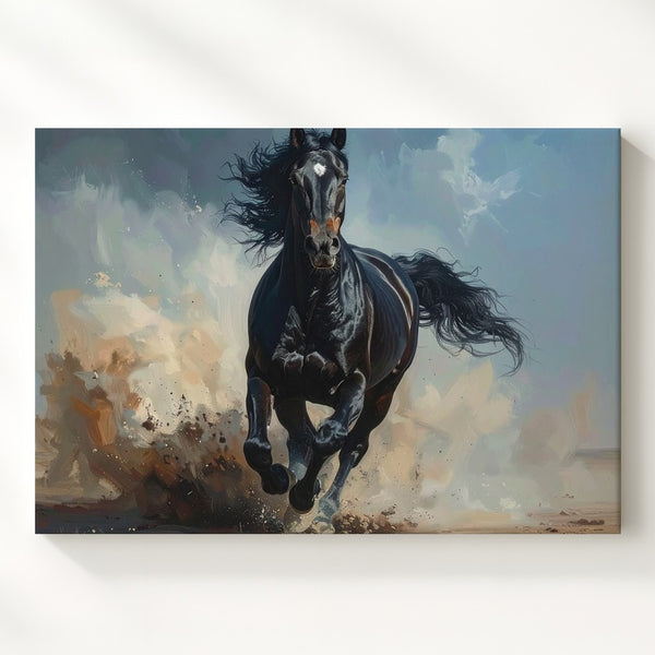 Stormrunner Stallion Canvas – Galloping Black Horse in Dust & Wind - Gifitto