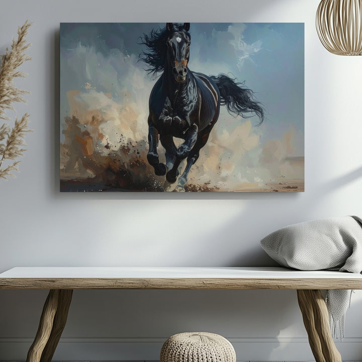 Stormrunner Stallion Canvas – Galloping Black Horse in Dust & Wind - Gifitto