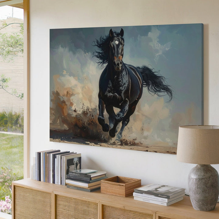 Stormrunner Stallion Canvas – Galloping Black Horse in Dust & Wind - Gifitto