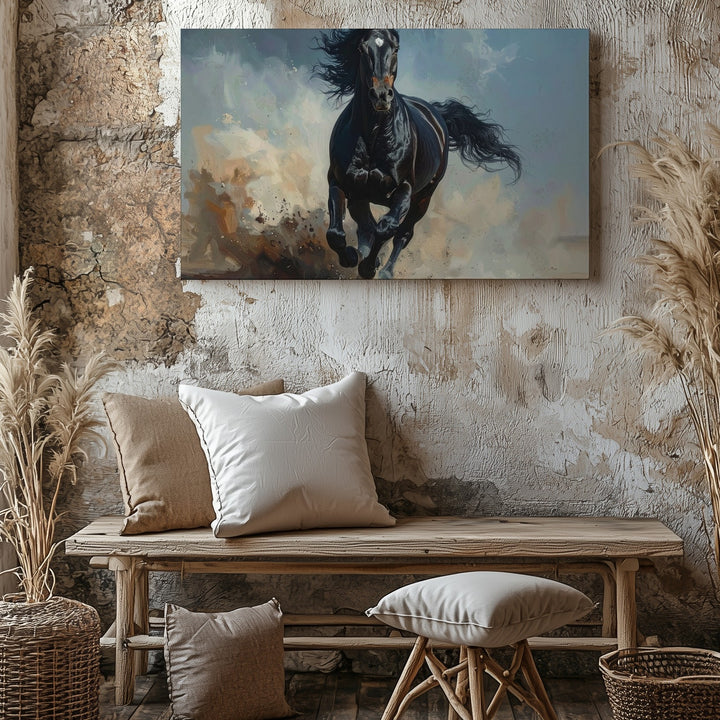 Stormrunner Stallion Canvas – Galloping Black Horse in Dust & Wind - Gifitto