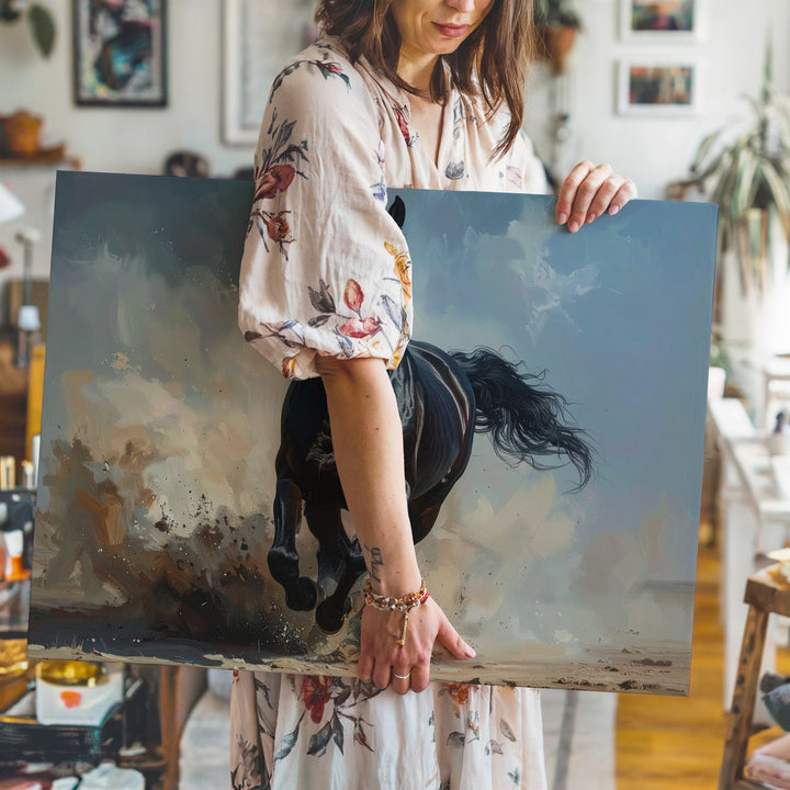 Stormrunner Stallion Canvas – Galloping Black Horse in Dust & Wind - Gifitto