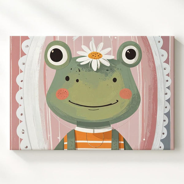Quirky Frog with Daisy Crown Canvas – Playful Nursery Wall Art - Gifitto