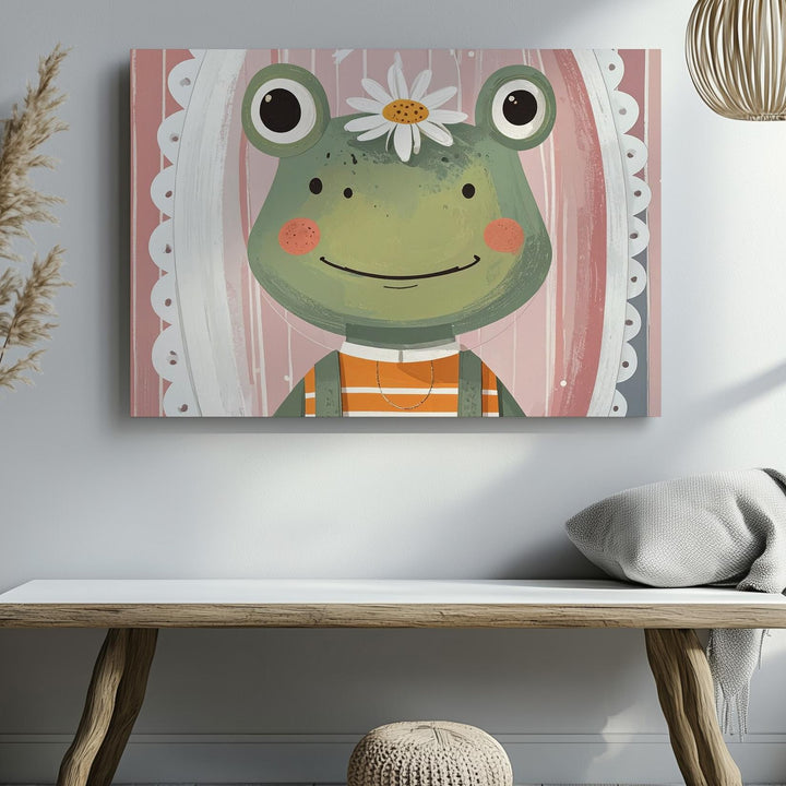 Quirky Frog with Daisy Crown Canvas – Playful Nursery Wall Art - Gifitto