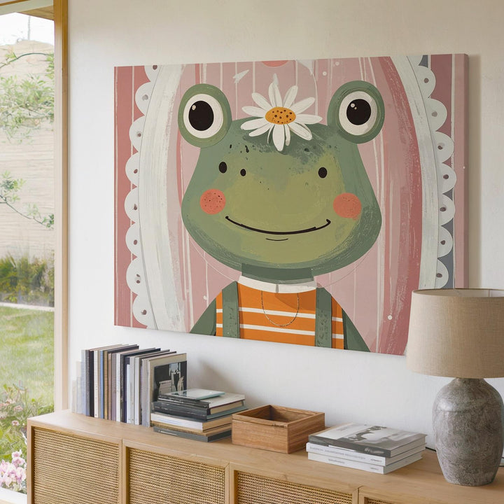 Quirky Frog with Daisy Crown Canvas – Playful Nursery Wall Art - Gifitto
