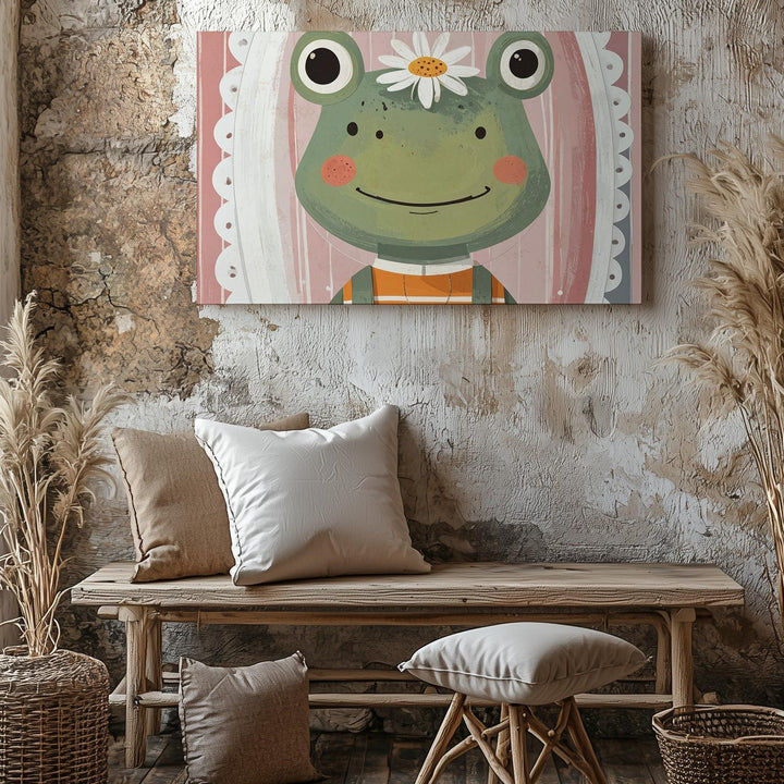 Quirky Frog with Daisy Crown Canvas – Playful Nursery Wall Art - Gifitto