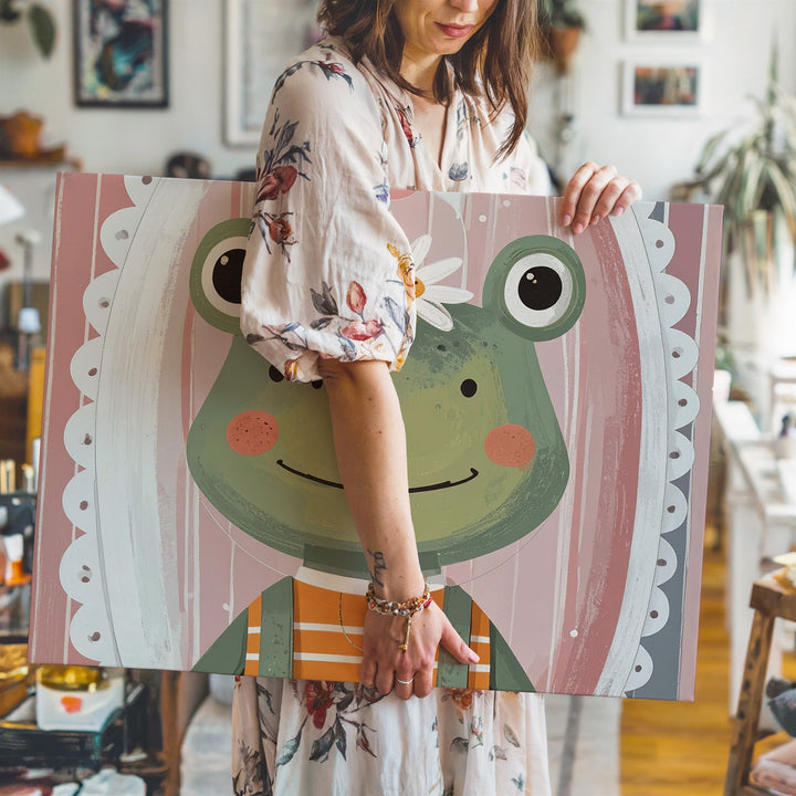 Quirky Frog with Daisy Crown Canvas – Playful Nursery Wall Art - Gifitto