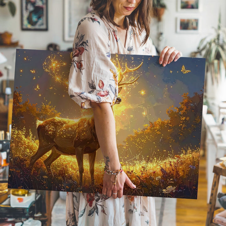 Golden Deer of Light Canvas – Enchanted Sacred Nature Wall Art - Gifitto