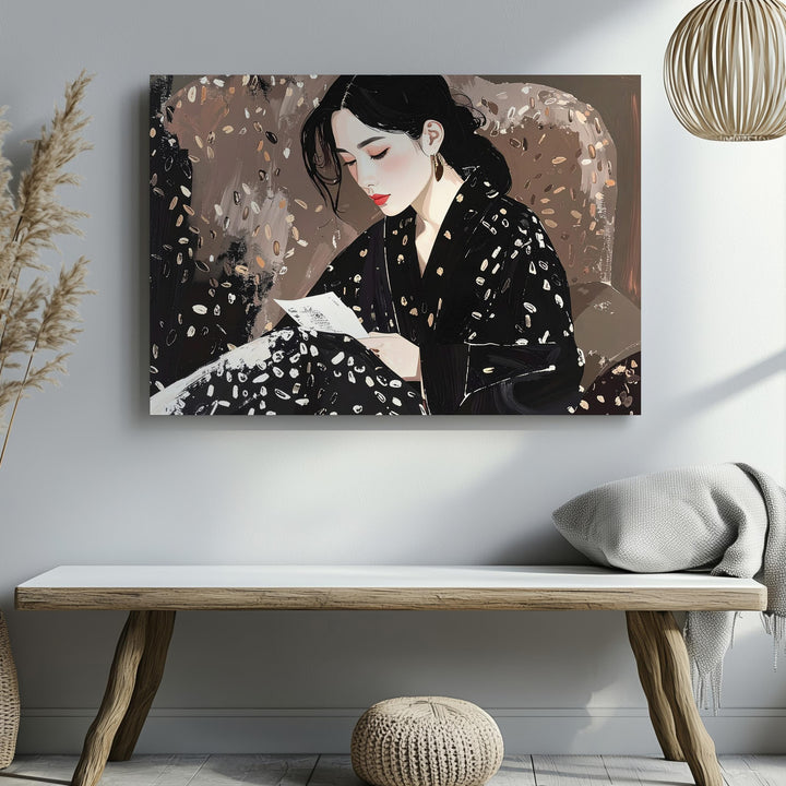 Quiet Contemplation Canvas – Modern Figurative Art with Floral Pattern - Gifitto