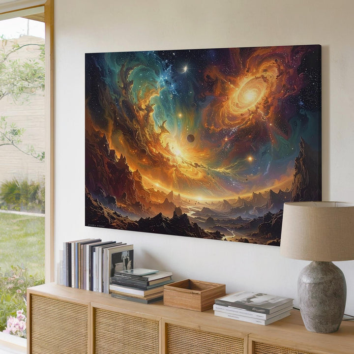 Solar Rebirth Canvas – Fiery Nebula & Planetary Chaos Wall Art - Gifitto