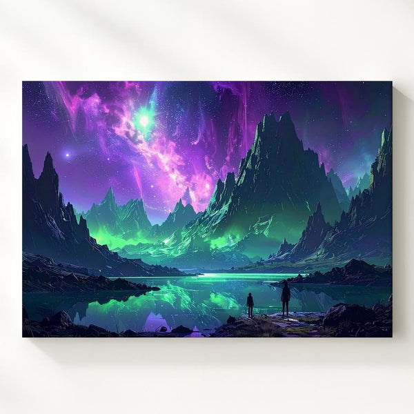Vibrant Alien Landscape Canvas – Reflective Lake and Towering Rocky Peaks - Gifitto