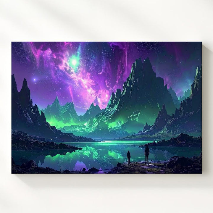 Vibrant Alien Landscape Canvas – Reflective Lake and Towering Rocky Peaks - Gifitto