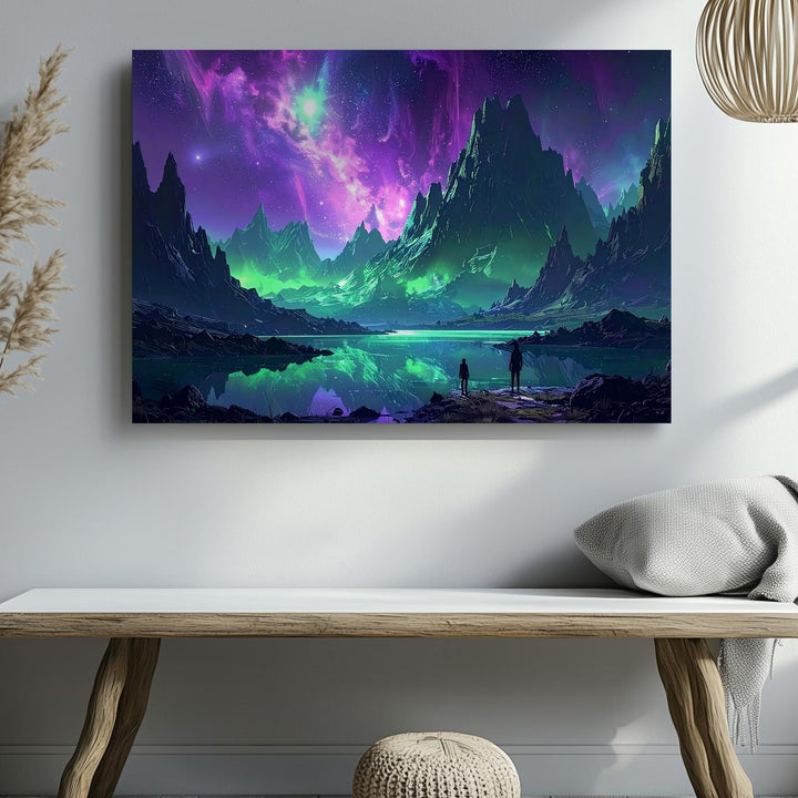 Vibrant Alien Landscape Canvas – Reflective Lake and Towering Rocky Peaks - Gifitto
