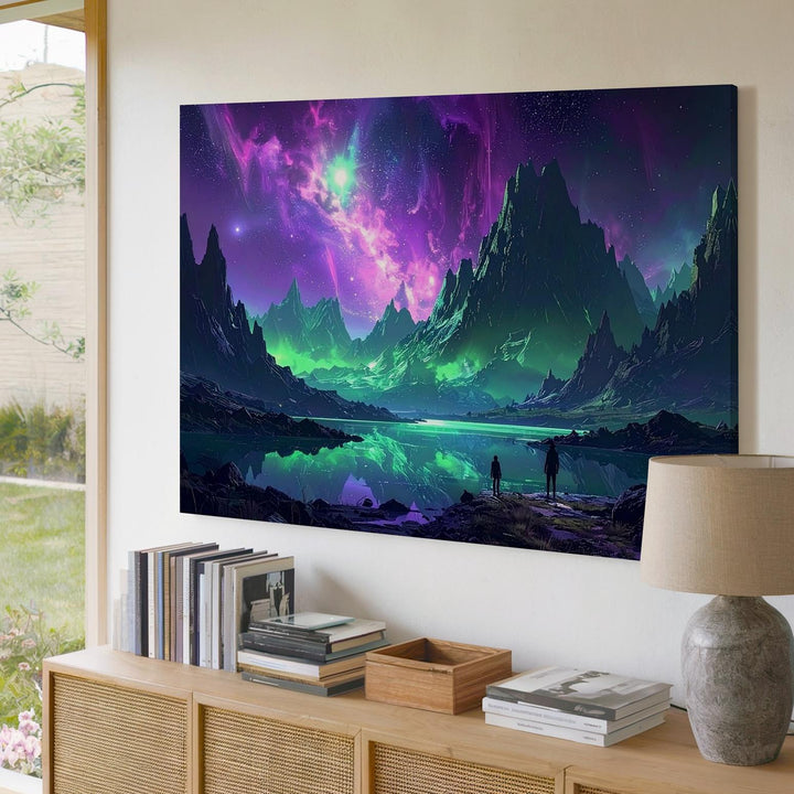 Vibrant Alien Landscape Canvas – Reflective Lake and Towering Rocky Peaks - Gifitto
