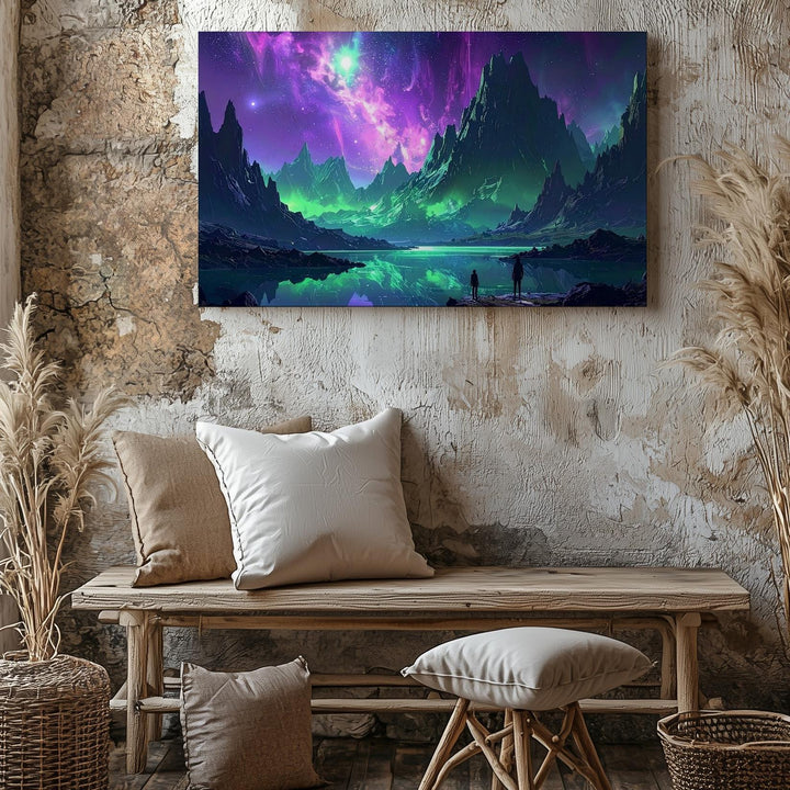 Vibrant Alien Landscape Canvas – Reflective Lake and Towering Rocky Peaks - Gifitto