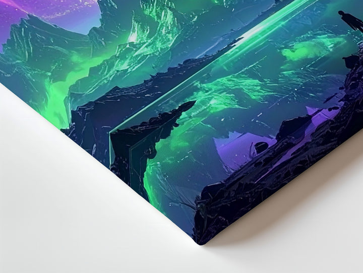 Vibrant Alien Landscape Canvas – Reflective Lake and Towering Rocky Peaks - Gifitto