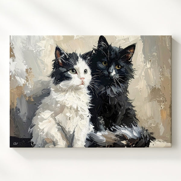 Fluffy Feline Companions Canvas – Black and White Cats in Affectionate Posture - Gifitto