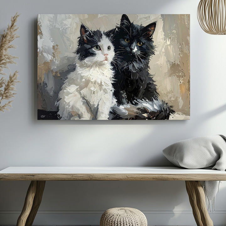 Fluffy Feline Companions Canvas – Black and White Cats in Affectionate Posture - Gifitto