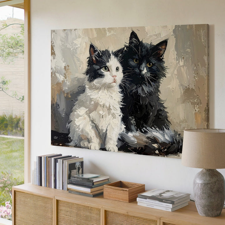 Fluffy Feline Companions Canvas – Black and White Cats in Affectionate Posture - Gifitto