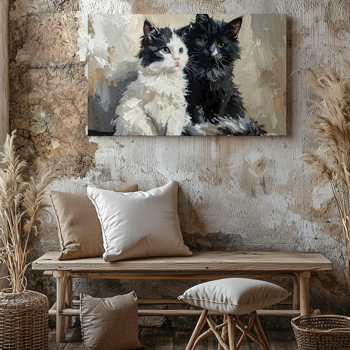Fluffy Feline Companions Canvas – Black and White Cats in Affectionate Posture - Gifitto