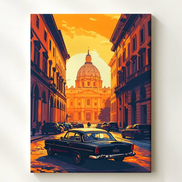 Classic Black Car European Sunset Canvas – Cinematic Cityscape Wall Art - Gifitto